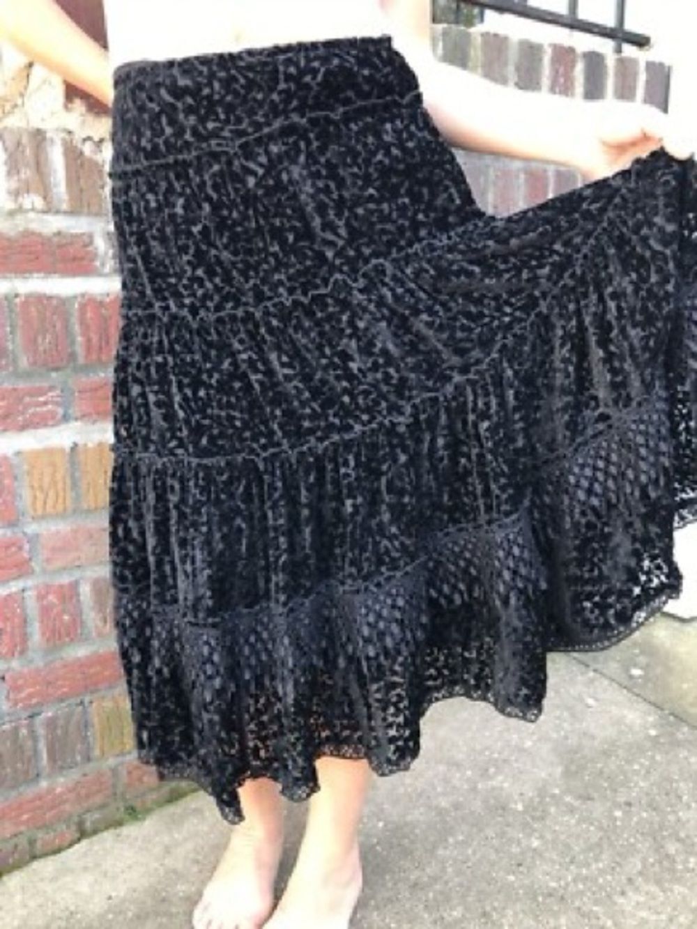 Vintage Express Black Velvet Burnout Floral A-Line Skirt Goth Romantic Size XS